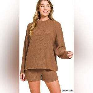 Zenana Round Neck Knit Top and Shorts Sweater Set